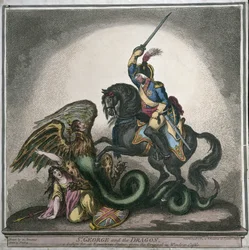 São Jorge e o Dragão, um projeto para uma estátua equestre, do original no Castelo de Windsor, gravado por James Gillray (1756-1815) publicado por Hannah Humphrey em 1805 (gravura à mão colorida)